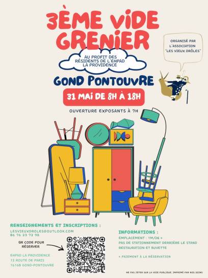 Affiche du vide-grenier de l'association "Les Vieux Drôles" - Gond-Pontouvre, Charente, Nouvelle-Aquitaine, France.