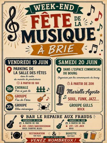 Affiche Week-end fête de la musique à Brie, Charente, Nouvelle-Aquitaine, France.