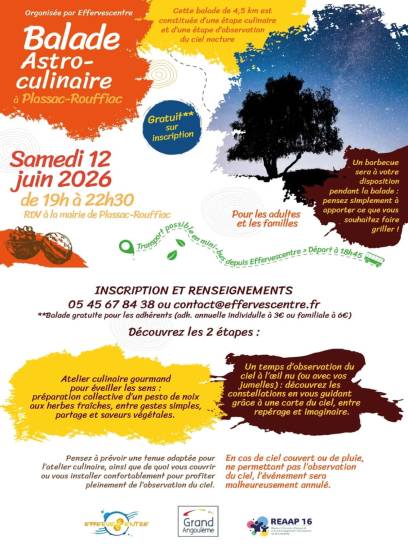 Affiche de la balade astro-culinaire à Plassac-Rouffiac, Charente, Nouvelle-Aquitaine, France.