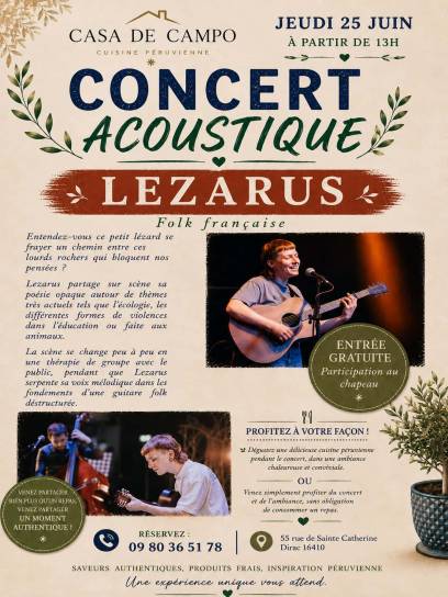 Affiche Concert acoustique - Lezarus - Dirac, Charente, Nouvelle-Aquitaine, France.