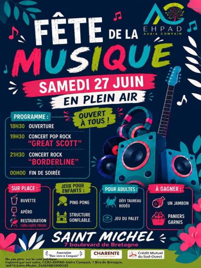 Affiche de la Fête de la musique à l'EHPAD André Compain - Saint-Michel, Charente, Nouvelle-Aquitaine, France.