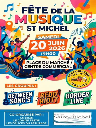 Affiche de la fête de la musique à Saint-Michel, Charente, Nouvelle-Aquitaine, France.