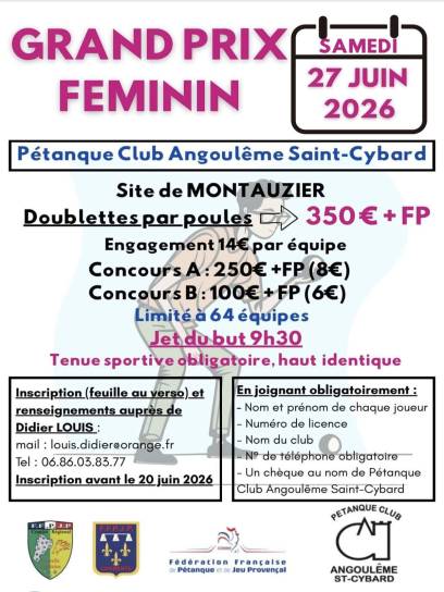 Affiche Grand prix féminin doublettes par poule - Angoulême, Charente, Nouvelle-Aquitaine, France.