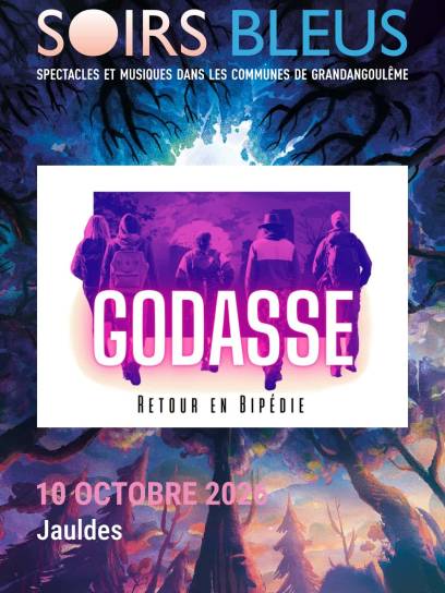 Affiche festival les Soirs Bleus - Godasse, retour en bipédie - Jauldes, Charente, Nouvelle-Aquitaine, France.
