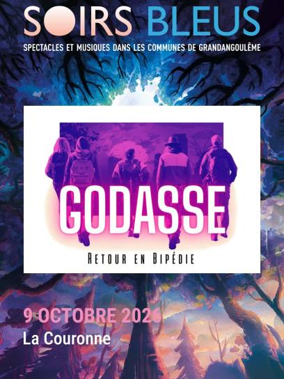 Affiche festival les Soirs Bleus - Godasse, retour en bipédie - La Couronne, Charente, Nouvelle-Aquitaine, France.