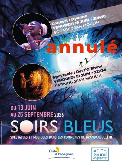Affiche festival les Soirs Bleus - Dyonne & Rest'O'Show - L'Isle-d'Espagnac, Charente, Nouvelle-Aquitaine, France.