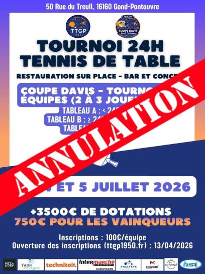 Affiche du tournoi 24h Tennis de Table "Coupe Davis" - Gond-Pontouvre, Charente, Nouvelle-Aquitaine, France.