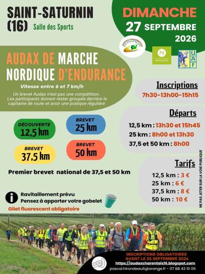 Affiche Brevet Audax de Marche Nordique à Saint-Saturnin, Charente, Nouvelle-Aquitaine, France.