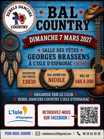 Affiche Bal Country à L'Isle-d'Espagnac, Charente, Nouvelle-Aquitaine, France.