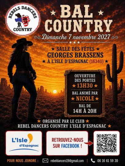 Affiche Bal Country à L'Isle-d'Espagnac, Charente, Nouvelle-Aquitaine, France.