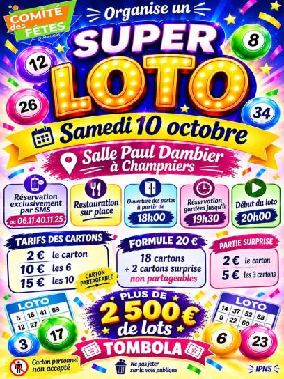 Affiche Super loto du comité des fêtes de Champniers, Charente, Nouvelle-Aquitaine, France.
